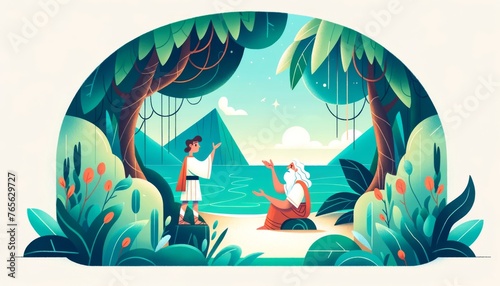 A whimsical, animated-style illustration of Telemachus encountering Calypso, who shares tales of his father's time on her island.