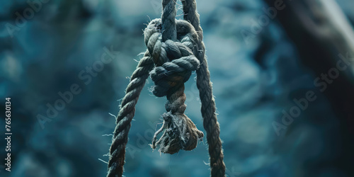 Rope Knot Strength - Hanging Loop Against simple background with copy space. Close-up of a sturdy rope knot forming a loop, suicide. 
