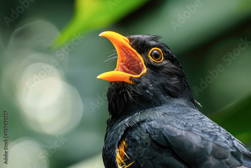 a portrait of a Hill Myna (Gracula religiosa), a bird known for its ability to mimic sounds. The Myna is perched, and its mouth is open as if it's vocalizing or calling