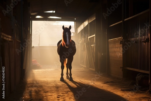 A horse with a thick brown mane stands in the stable doorway