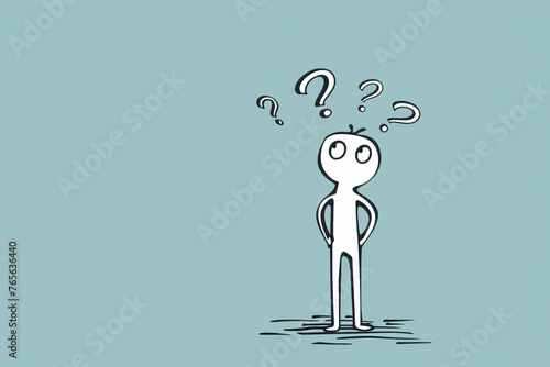 Cartoon figure with question marks overhead on plain blue background