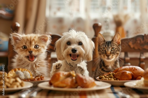 Dogs and Cats at a luxurious dining table