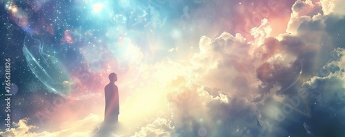 solitary figure meditating amidst a surreal cloudscape, backlit by a cosmic star field