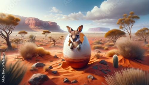 Craft a scene where a tiny kangaroo joey is peeking its head out of an egg painted like the Australian Outback, set against a backdrop of red desert s.