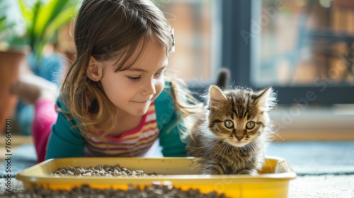 cute girl wearing brightly colored clothing cleaning out a kitty litter box while a curious kitten watches. ai generated