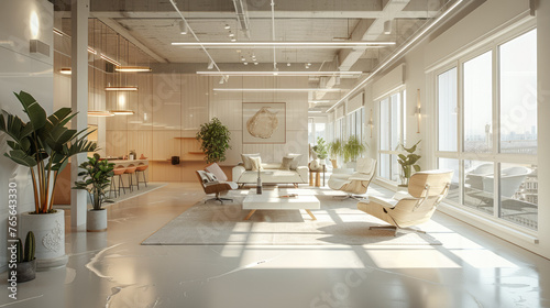 A chill breakout area for a cool studio office, light bright neutral tones. Generative AI.