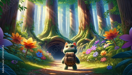 A cat-sized, turtle-like creature with a backpack, standing at the entrance of a forest, looking up at the tall trees with curiosity and wonder.