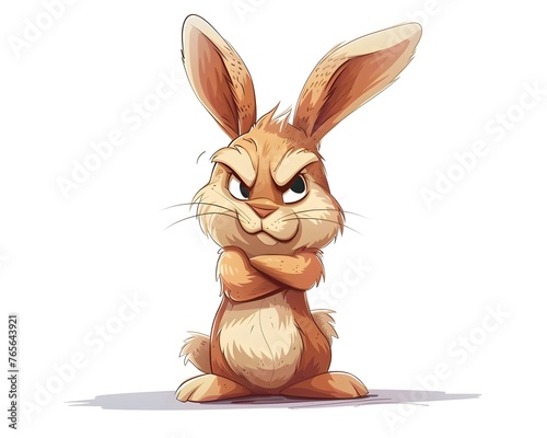 Expressive Cartoon Rabbit Expressing Frustrated Emotions with Crossed Arms and Puffed Cheeks on Isolated White Background