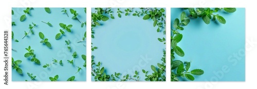 Fresh mint leaves and branches on a blue background. Social media advertising post templates for cosmetics, medicine, food or beverage, sale, offer 
