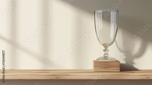 3D rendering of a transparent glass trophy on a wooden podium against a beige background. The trophy is in the shape of a wine glass and is empty.