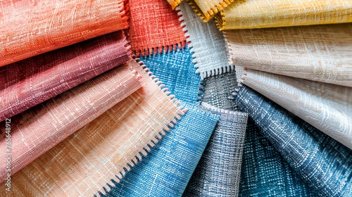 A variety of colorful fabric samples are arranged in a circle. The colors range from bright red to deep blue, with many shades in between.