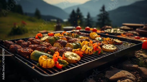 Have fun grilling outdoors. Picnic with friends In the atmosphere of rivers and natural forests