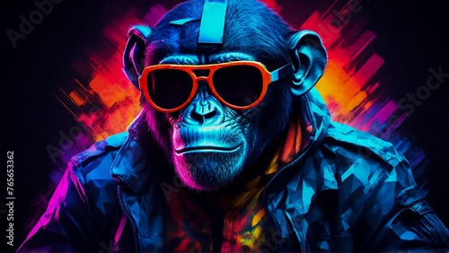 portrait of a chimp , chimpanzee in sunglasses, funny monkey with glasses, monkey wearing a sweatshirt