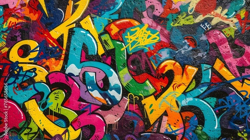 This is an image of a graffiti-covered wall. The graffiti is colorful and abstract, and it appears to have been created by multiple artists.