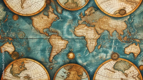 This is a world map in a vintage style. It has a blue background with a beige and brown map.