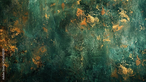 Abstract grunge background with dark green and gold colors.
