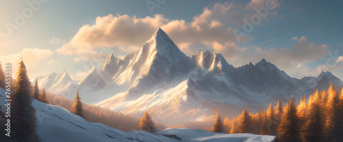 Sundown and dawn over snowy peaks background cover banner