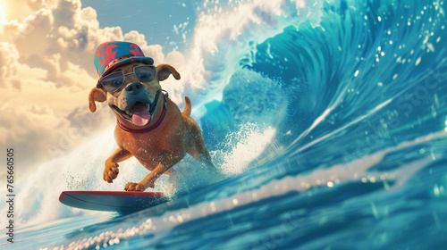 An animated scene where a playful dog surfs a giant wave wearing a quirky hat capturing the fun and adventure of vacation in a comical light