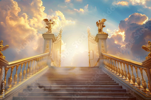Heavenly staircase with golden statues leading to a bright light