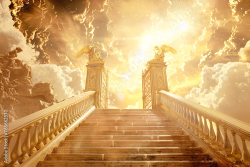 Stairway to heaven concept with golden stairs in cloudy sky