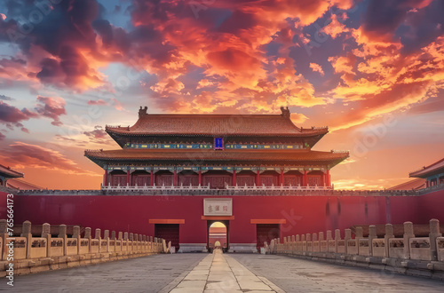 The majestic Forbidden City stands tall against the backdrop of an orange sunset sky, with its red walls and golden tiles gleaming under warm sunlight