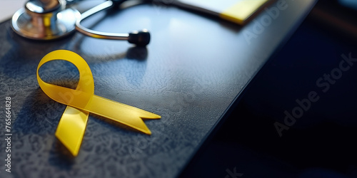 Yellow Cancer support ribbon on Drs office dark table with stethoscope for medical healthcare appointment banner concept to support sarcoma bladder liver health suicide prevention counseling therapy 