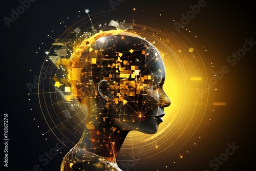 Silhouette of the head in profile with visualization of the digital brain and the global network. Concept: artificial intelligence and brain research, connection between man and technology