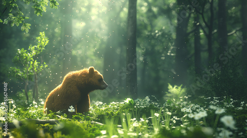 Brown Bear in Sunlit Forest Clearing