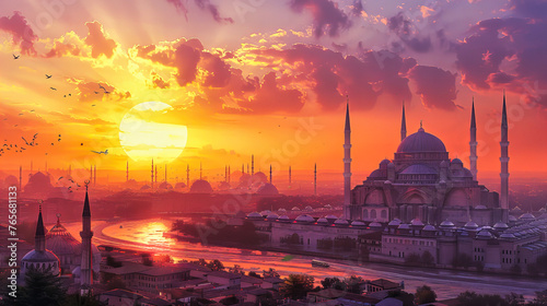 Sunset silhouette of Istanbuls skyline, highlighting the architectural grandeur and cultural heritage of the city