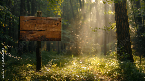Wooden sign in a sunlit forest clearing invites tranquil exploration
