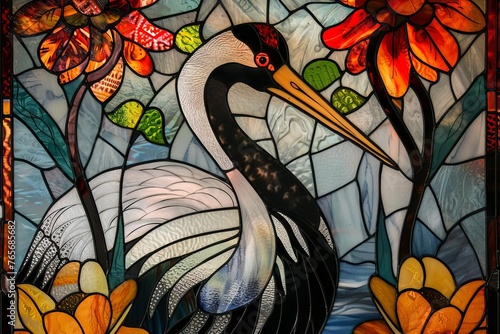 graceful crane depicted in intricate stained glass, Vibrant Stained Glass Style, elegant, detailed