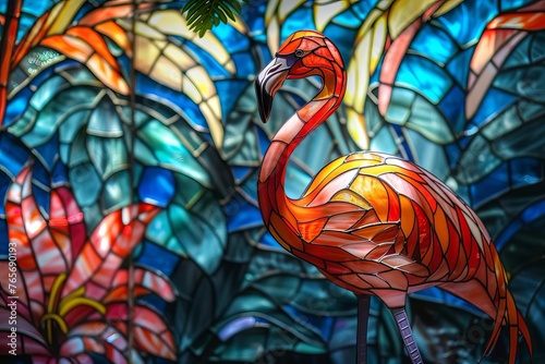 Vibrant stained glass showcase of a graceful flamingo, elegant and colorful