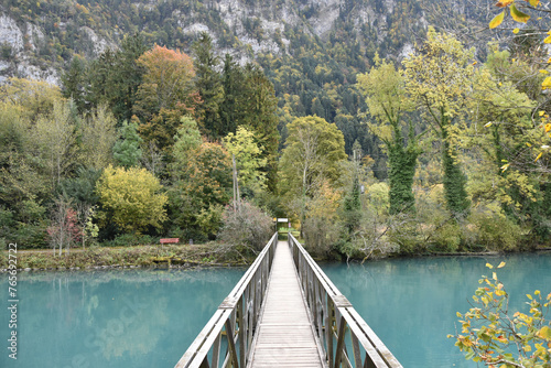 Narrow Footbridge over Blue-Green Lake in Weissenau Nature Reserve, Interlaken, Switzerland