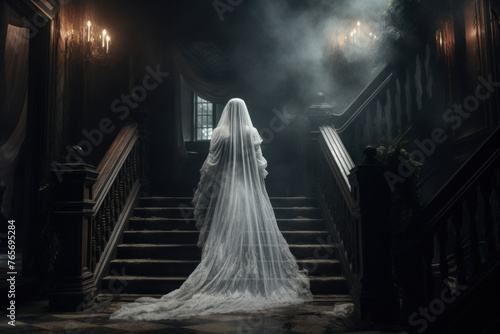 Ghost Bride Ascending a Grand Staircase in a Haunted Victorian Mansion