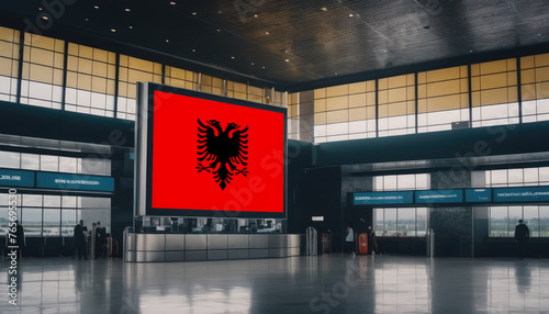 Albania flag in the airport terminal. Travel and tourism concept.