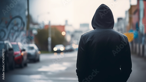 Delinquent wearing a hoodie looking at the city - daytime crime illustration.