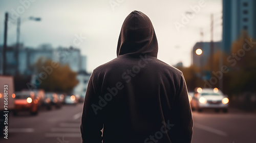 Delinquent wearing a hoodie looking at the city - daytime crime illustration.