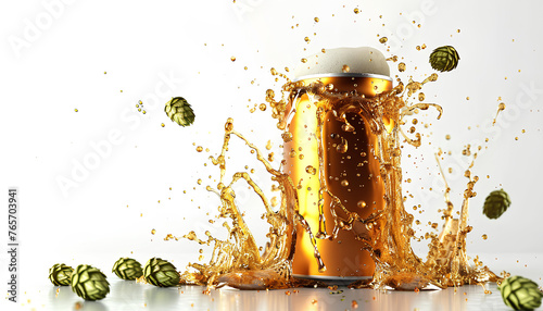 beer metal golden can with beer splash and hop cone isolated on white background