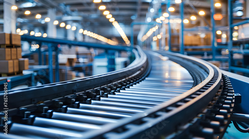 Cardboard boxes on a conveyor belt inside a modern logistics warehouse, supply chain background