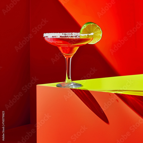 Margarita cocktail deep blacks and bright saturated colors, geometric shapes, bold colors, and a playful juxtaposition of elements.