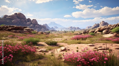 wide-angle shot of desert hills covered in blooming flowers