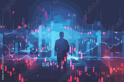Businessman analyzing financial data and growth, economic diagram and chart, investment and stock market concept, vector illustration.