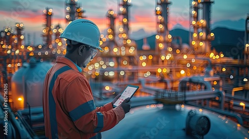 Industrial Engineer with Tablet at Oil Refinery: Safety Helmet, Storage Tank, and Pipeline Workers