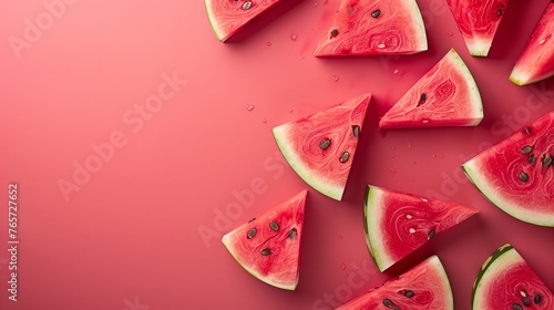 Horizontal banner with pieces of watermelon on a pink background. Watermelon background top view with copy space.