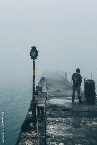 Enigmatic stranger standing at the edge of a misty pier holding a nautical compass with the sea whispering secrets