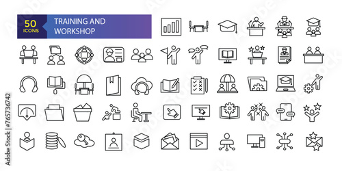 Training and workshop line icons collection. UI icon set in flat design. Recruitment, resume, candidate, interview simple icon.