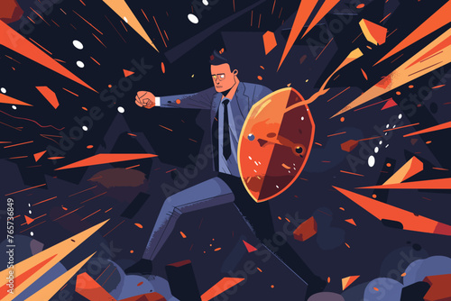 Businessman with shield fighting off multiple punch attacks, resilience and courage in the face of business threats and competition, surviving adversity to achieve success concept vector.