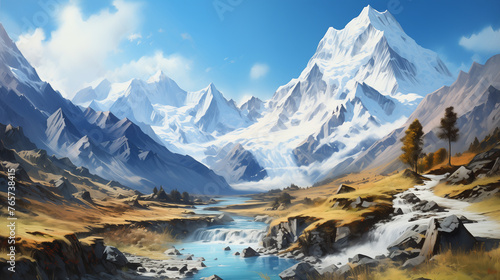 Stunning watercolor art of Winter landscape with snow-draped alpine peaks, meandering river, and rocky valley under blue sky.