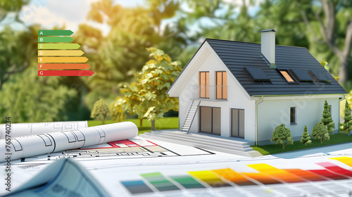 house model accompanied by a Real Estate Energy Efficiency Diagnosis (DPE) label, illustrating the property's energy performance and promoting sustainable real estate practices, copy space, banner