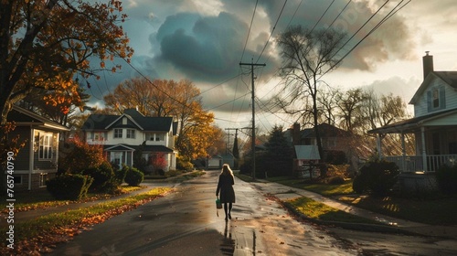 a woman walks down a street in the suburbs